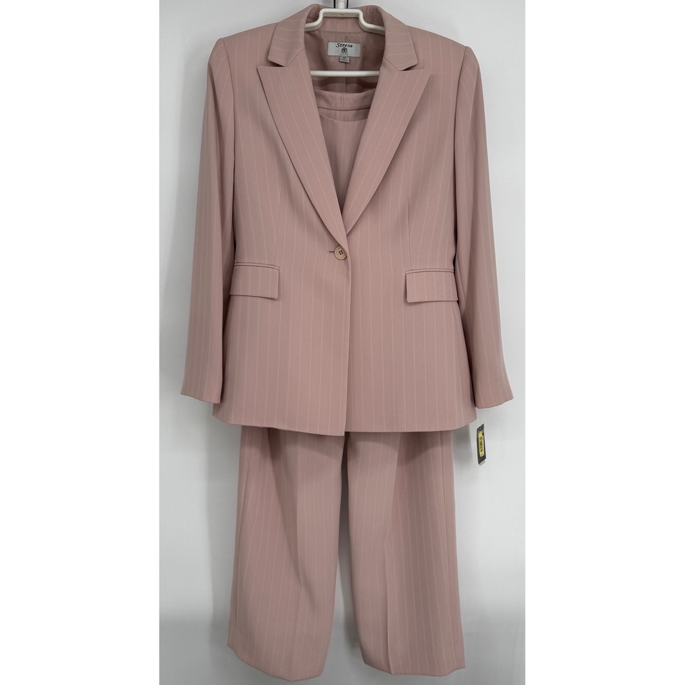 Stresa Petite Pink Pinstripe 3 Piece Pant Suit Blazer Shell Pants Sz 8P NEW